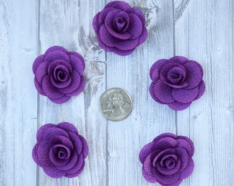 Purple burlap flowers - Set of 5 - Crafting roses - Craft supply flowers - 1 3/4 inch - DIY headband - Crafting supplies - Burlap roses