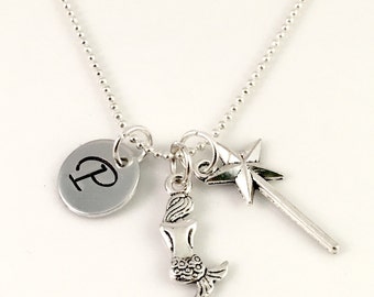 Personalized mermaid wish Necklace, Initial necklace, personalized mermaid and wand jewelry, magical under the sea necklace