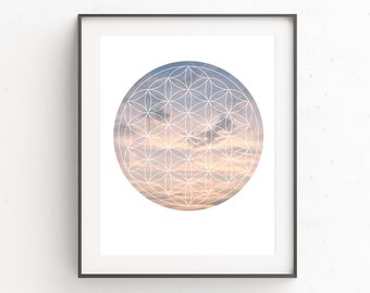 Sacred Geometry Print, Sacred Geometry Art, Flower of Life Picture, Clouds Photo, Clouds Artwork, Pink Artwork, Sacred Geometry, Yoga Prints