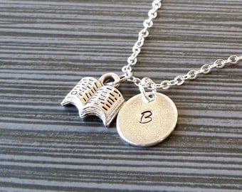 Silver Book Necklace - Open Book Charm Necklace - Personalized Necklace - Custom Gift - Initial Necklace - Author Gift - Writer Book Lover