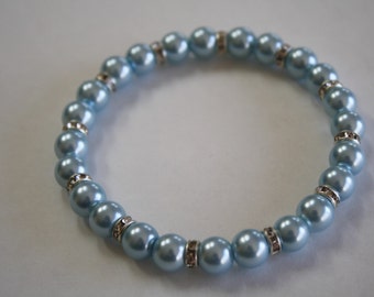 Light Blue Rhinestone Pearl Bracelet, Pearl Bracelet, Light Blue Bracelet, Pearl Jewellery