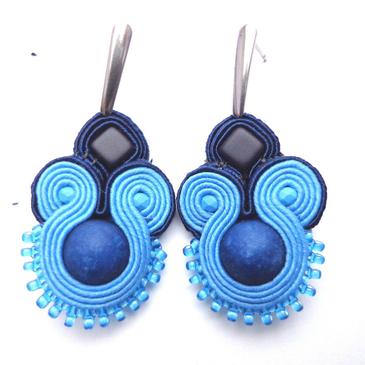 Soutache blue earrings with matte jade stud earrings jade