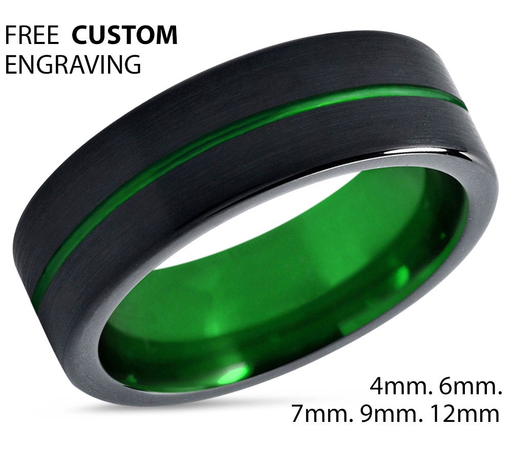 Tungsten Ring Mens Black Green Wedding Band Tungsten Ring