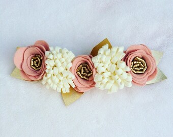 Pink Rose, Ivory and Gold felt flower crown headband/newborn flower crown headbands/baby girls/toddler headbands/child headbands/felt flower