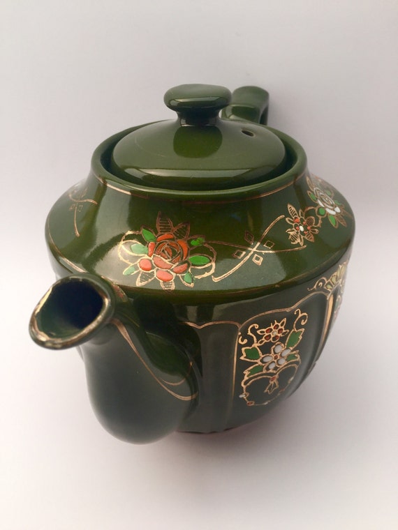 Green Japanese Teapot Hand Painted Teapot Gold Trim by Speckadoos