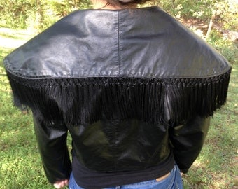 Genuine, Leather, CUIR CLASSIQUE, Pour Femme, 80's Jacket, Leather Jacket, Jacket, Fringe, Black, Femme Fatale, Vintage, Small