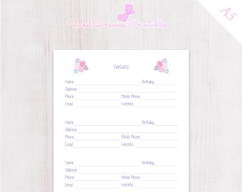 A5 Contacts insert Pastel Pink Flowers, address book for Filofax, planner address book, Filofax A5 insert, Kikki K inserts, dokibook inserts