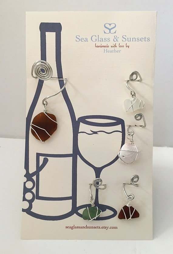 Sea Glass Wine Bottle Charm and 4 Wine Glass by SeaGlassandSunsets