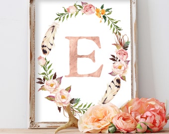 Nursery Print, Monogram, Nursery Wall Art, Kids Wall Art, Blush Nursery, Baby Gift, Floral Wreath Letter, Pastel Nursery Art, Rose Gold Foil