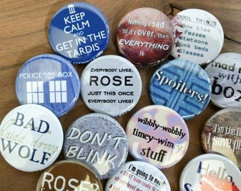 Doctor Who buttons 1.25" / 32mm pin back button/badge: Don't Blink, Police Box, Spoilers, Come along Pond, Bad Wolf, Attack Eyebrows