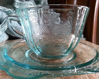 Vintage Recollection Federal Glass Cup and Saucer, Pressed Glass Cup and Saucer, Copy of Madrid Pattern, Teal 1976
