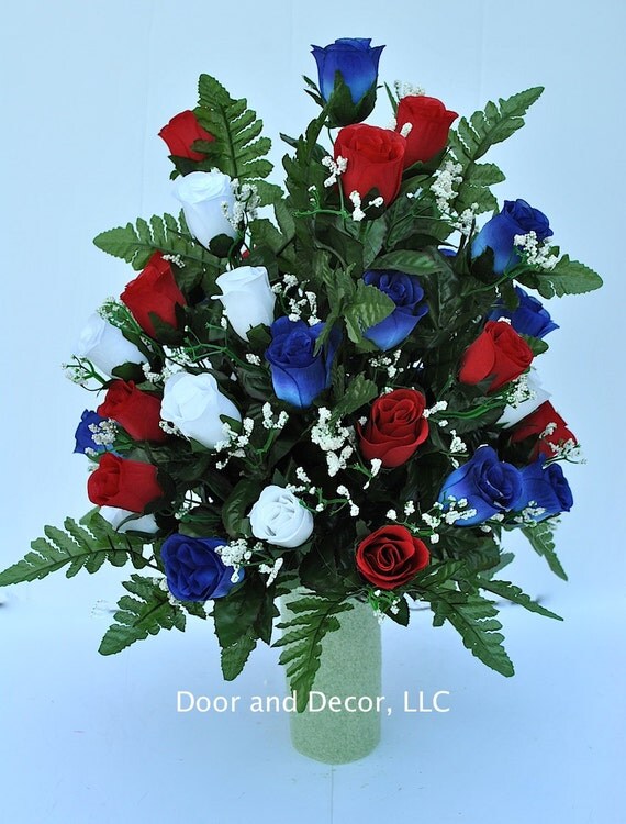 day for father's cemetery decorations Cemetery rosevase flowersred white and conecemetery blue