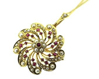15ct Edwardian Ruby and Seed Pearl Pendant