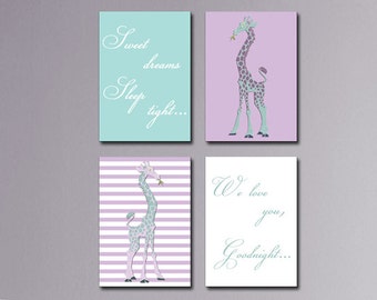 Baby Nursery Prints, Nursery Wall Art, Giraffe Wall Decor Prints, Sweet Dreams, Giraffe Nursery, Set of 4 prints, Children Decor