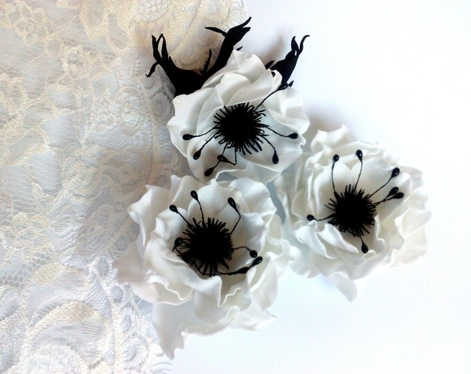 Floral hair pins brooch Bridal hair clip Anemones Wedding White black flower hair pins Rustic wedding accessories wildflowers Floral set