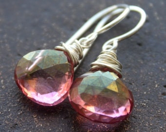 Mystic Pink Quartz Dangle Earrings- Handmade, semiprecious,holidays,