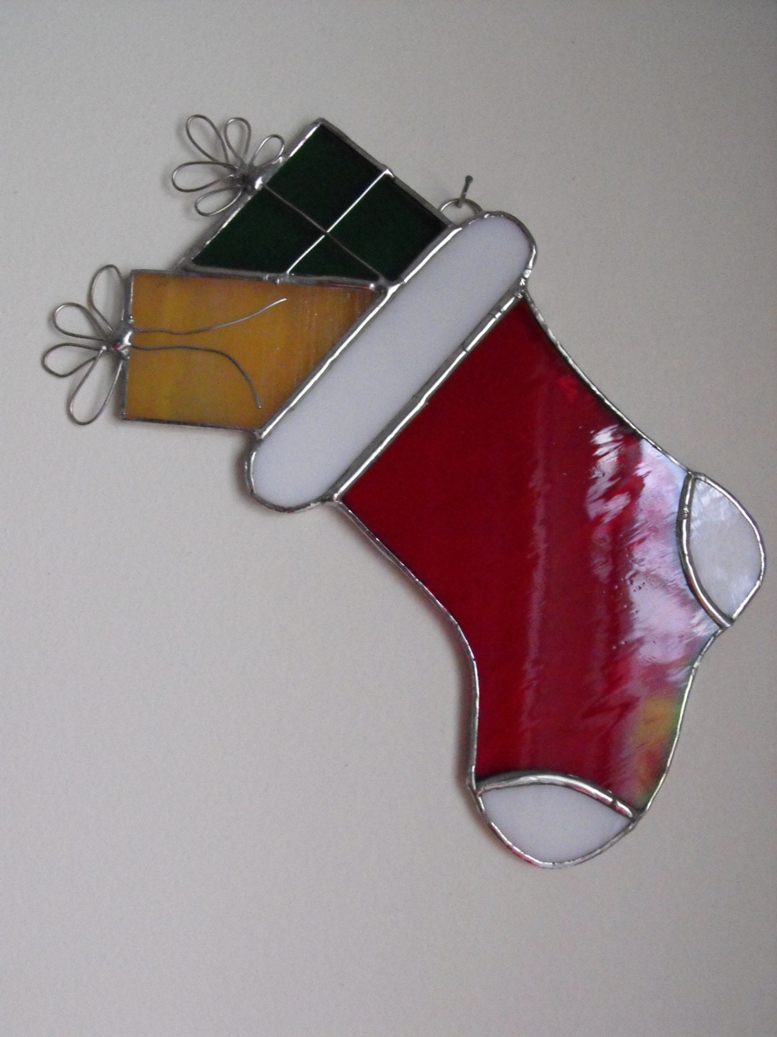 Stained Glass Christmas Stocking with Presents Suncatcher
