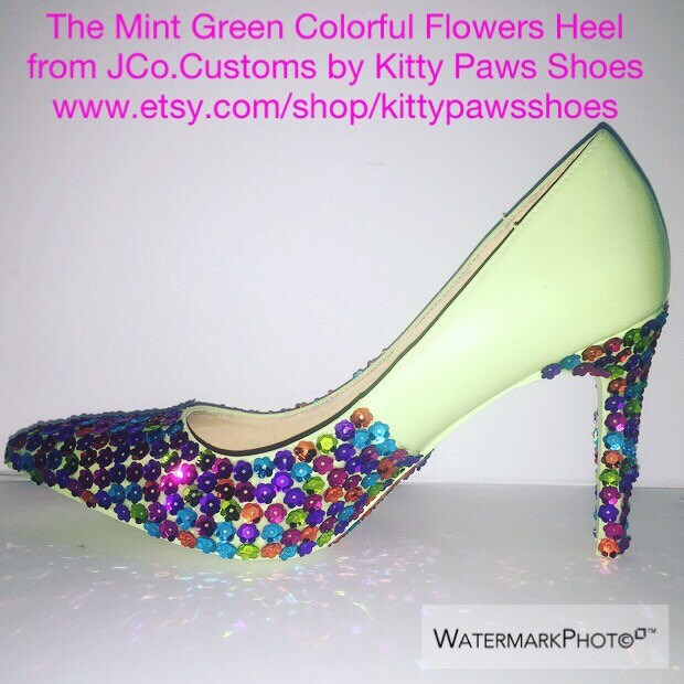 The Mint Green Colorful Flower Heels from by KittyPawsShoes