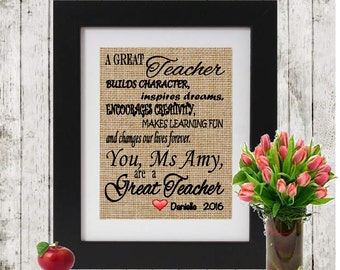 A Great Teacher - Personalized Rustic Teacher Gift - Personalized with Teacher's Name and Student's Names - Personalized Teacher Gift