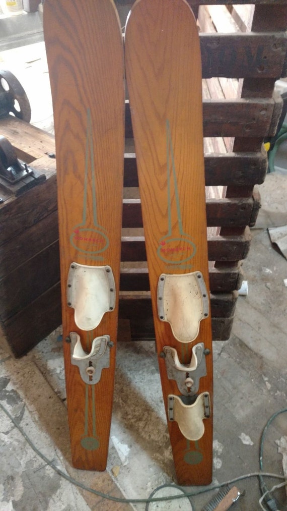 Vintage Thompson wooden water skis by BulldogBazaar on Etsy