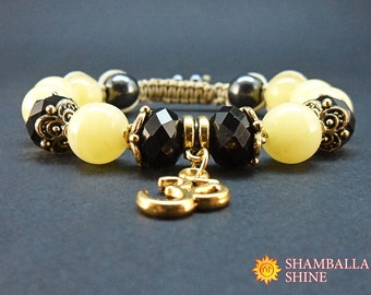 OM meditation bracelet Yellow black jewelry Amber crystal beads Yellow amber bracelet Yoga healing bracelet Gold pendant bracelet Gift for