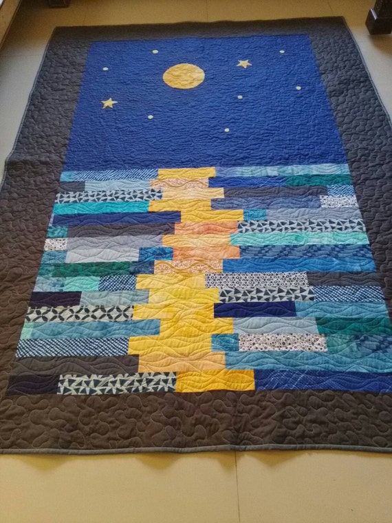 Moon Reflection quilt/ Blue quilt/ Stars and moon by Qforquilts