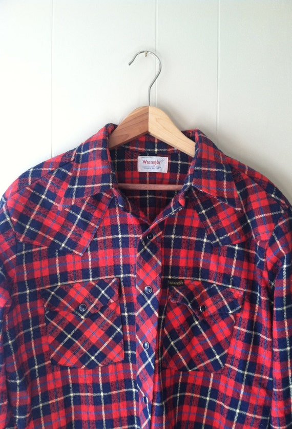 Vintage Pearl Snap Wrangler Flannel 70s 80s Red Heavy