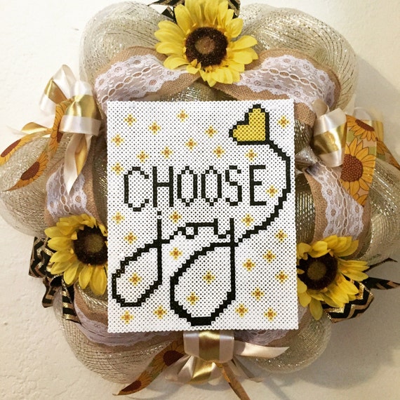 Choose Joy, Joy, Wreath, Floral wreath, Home decor, Perler beads, Inspirational quote, Wall decor, Inspirational, Choose joy sign, Sunflower