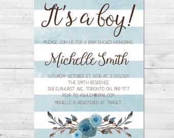 Baby Shower Invitation Boy, Fall Baby Shower Invitation, It's A Boy, Watercolor, Fall Colors, Floral, Baby Boy, Stripes, Blue, Maroon