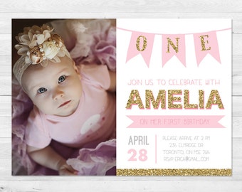 First Birthday Invitation Girl, Pink And Gold Birthday Invitation, Photo Birthday Invitation, Sparkle, First Birthday Pink And Gold