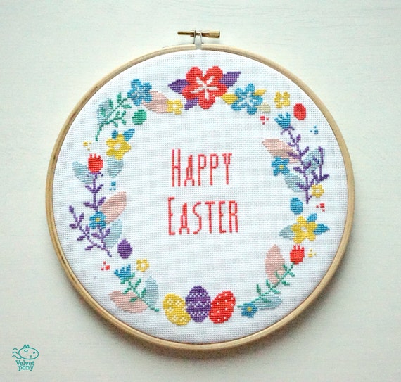 Download Happy Easter Floral Wreath 8'' Cross Stitch by ...