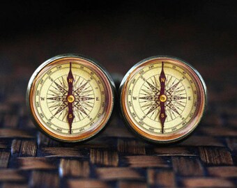 Antique Compass cufflinks, Old Compass cufflinks, compass cuff links, vintage compass cuff links, glass dome bronze tonr cufflinks
