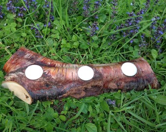 Birch log slice 3 tealight holder with tree bark. Christmas log Tealight Candle holder; rustic style. Table centre. Interesting shape.