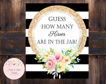 How Many Kisses- Bridal Shower Game, How Many Are In The Jar Game, Party Game, Black Stripes Bridal Shower Game