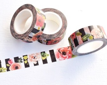 Flowers and Stripes Washi Tape. 15mm x 10m. Floral Washi Tape. Striped Washi Tape. Black and White Washi. Pretty Washi Tape. Rose Washi.