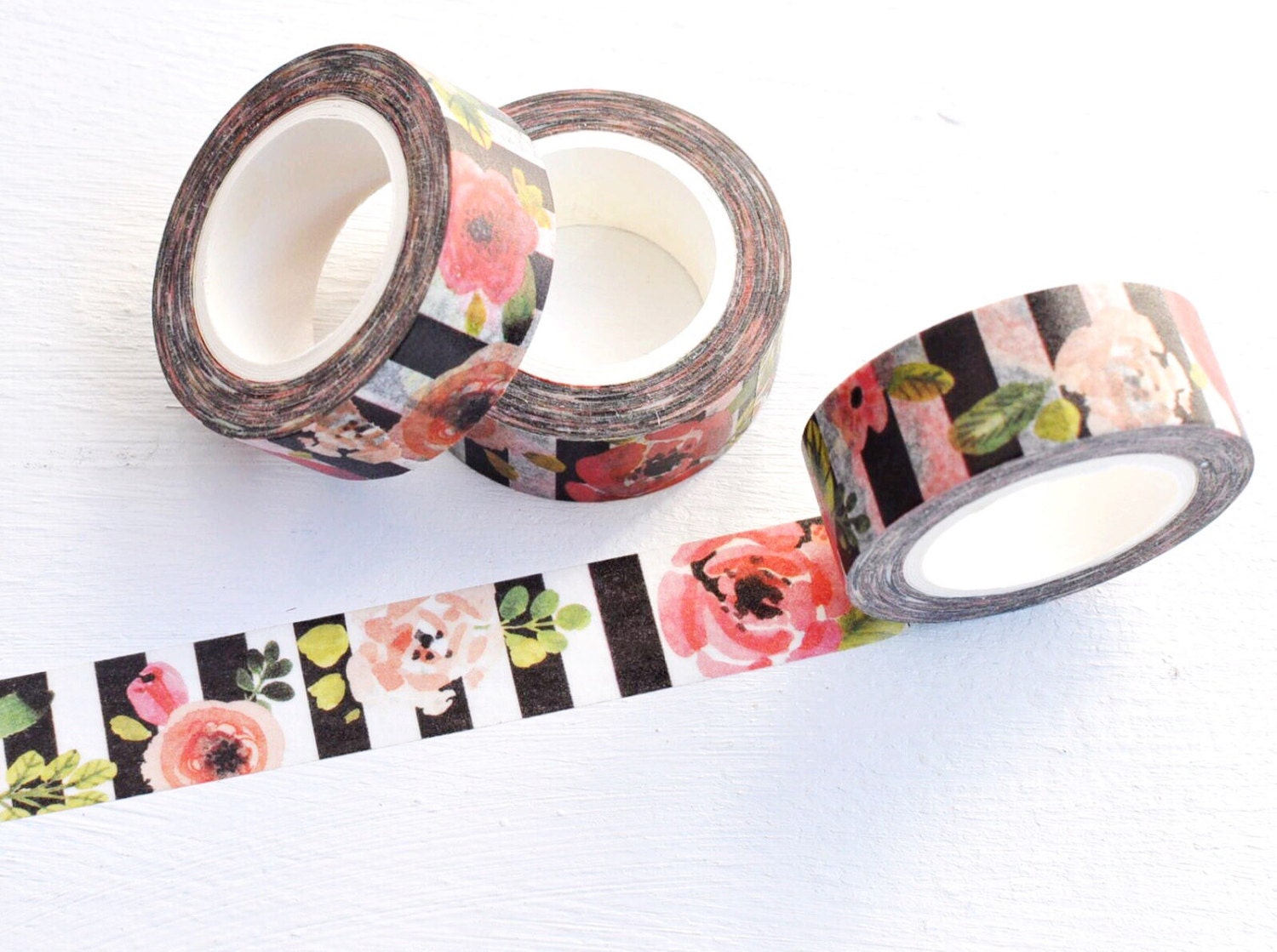 Flowers and Stripes Washi Tape. 15mm x 10m. Floral Washi Tape. Striped