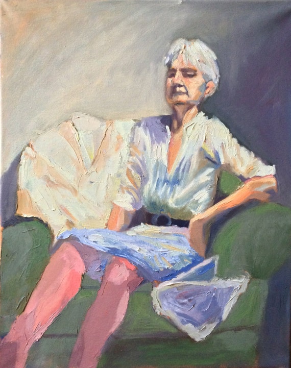 Original Oil painting Female figure sitting with white