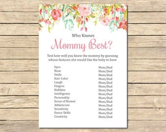 Floral Printable Who Knows Mommy Best Game, Pink Floral Who Knows Mommy Best, Floral Roses Baby Shower, DIY Game, Instant Download, 018-W