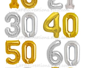 Milestone Number Balloons 16” or 34" Foil GOLD or SILVER 16th, 21st, 30th, 40th, 50th, 60th Birthday / Set of 2 Balloons / 16” Air Fill only