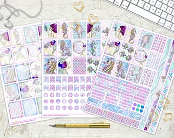 Ocean Mermaids Printable Planner Stickers Daily Planner Blue Purple Aqua Sea Star Sea Horse Fish Coral Dolphin Conch 8.5x11 Instant Download