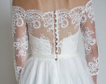 Wedding dress Leslie, sleeve wedding dress, open shoulders wedding dress, buttons back wedding dress, Off-the-Shoulder Wedding Dresses