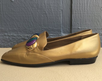 Vintage 80's Women's Gold Leather Statement Flats with Rainbow Color Band Size 8.5