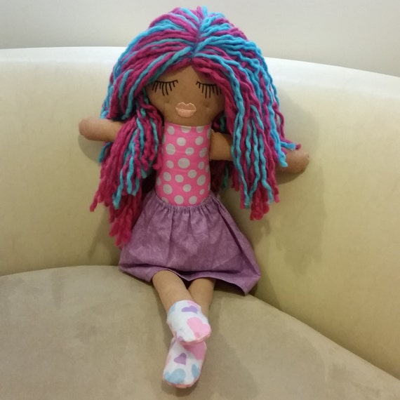 Pink and blue haired cotton handmade doll by misslilysdolls