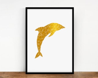 Dolphin Gold Print, Geometric Animal, Animal Wall Decor, Digital Dauphin, Gold Wall Art, Geometric Digital Art, Printable Art, Digital Print