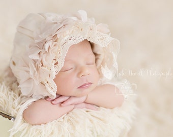 Baby Bonnets, Lace Bonnet, Newborn Photo Prop, Lace Bonnet, Floral Bonnet, Ivory Bonnet, Cream Bonnet, Baby Hat, Newborn Props, Photo prop
