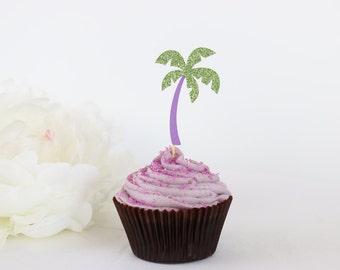 Glittery Palm Tree Cupcake Toppers (Set of 12) | Summer Cupcake Toppers | Tropical Cupcake Toppers | Beach Party | Palm Tree Party Picks