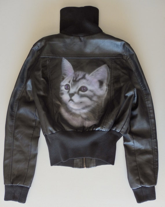 Kitten airbrushed faux leather jacket for women by doobiedesign