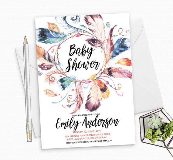 Boho Feathers Baby Shower Invitation Printable - Boho Feathers - Gender Neutral Invite