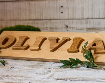 Wooden Name Puzzle | Natural Organic Personalized Toy | Baby and Toddler Unique Gift | Custom Letters Montessori Stacker Toy | Cherry Wood