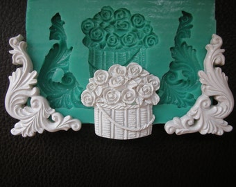 Silicone mold Silicone molds flower flowers ornate onlay Flexible Food Safe Mold - resin, clay, fondant, gum paste, candy, chocolate,